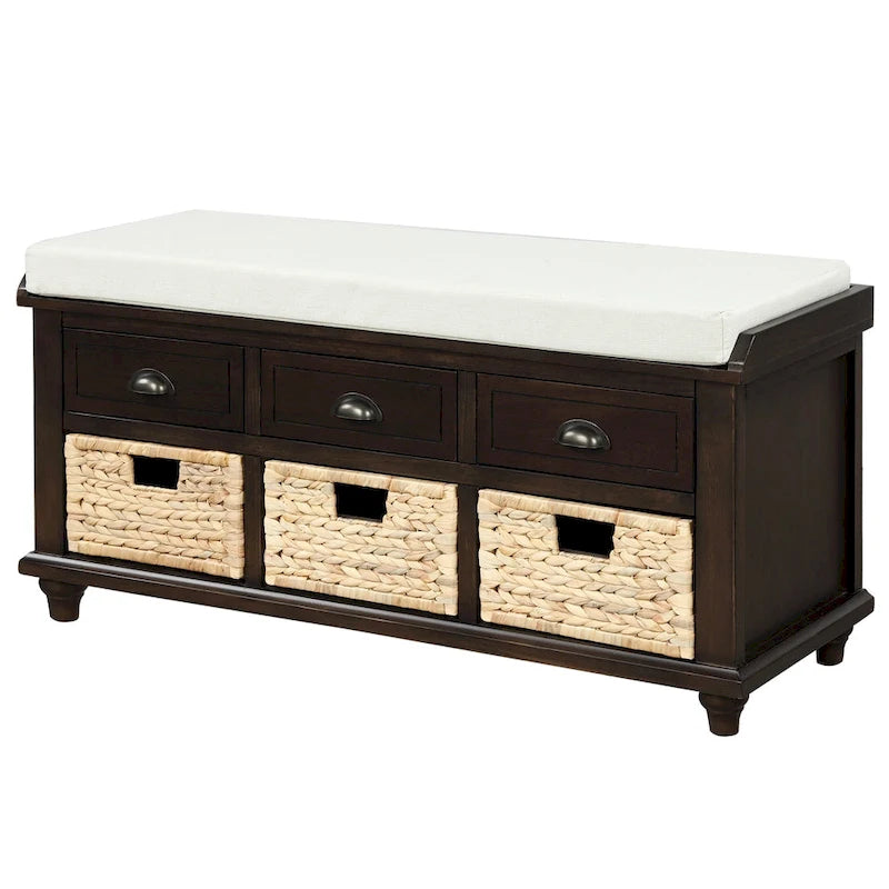 Rustic Storage Bench with 3 Drawers and 3 Woven Baskets