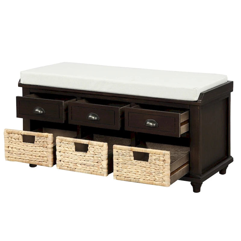 Rustic Storage Bench with 3 Drawers and 3 Woven Baskets