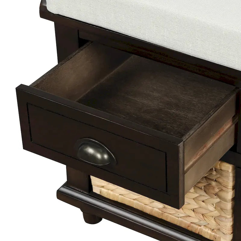 Rustic Storage Bench with 3 Drawers and 3 Woven Baskets