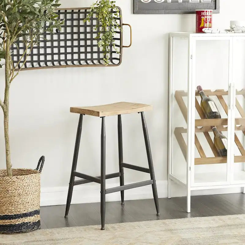 Black Metal Counter Stool with Brown Wood Top