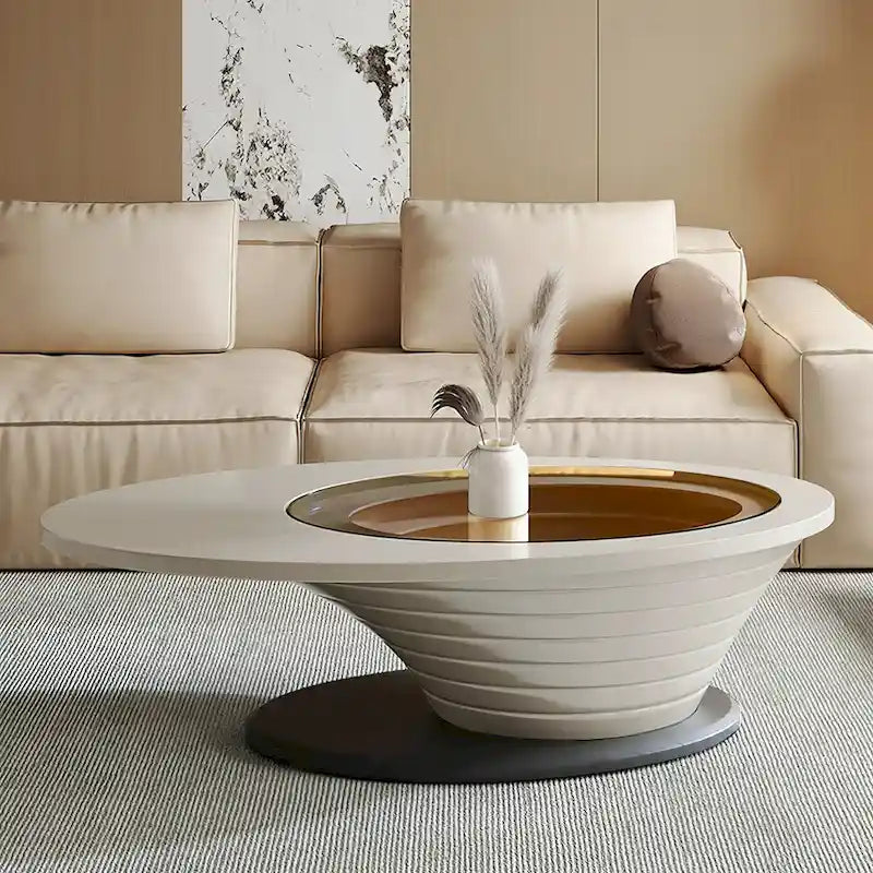 Modern Minimalist Oval Glass Coffee Table with Gray Sculptural Base