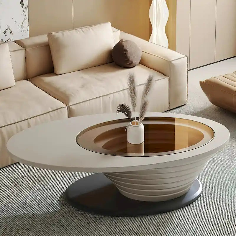 Modern Minimalist Oval Glass Coffee Table with Gray Sculptural Base