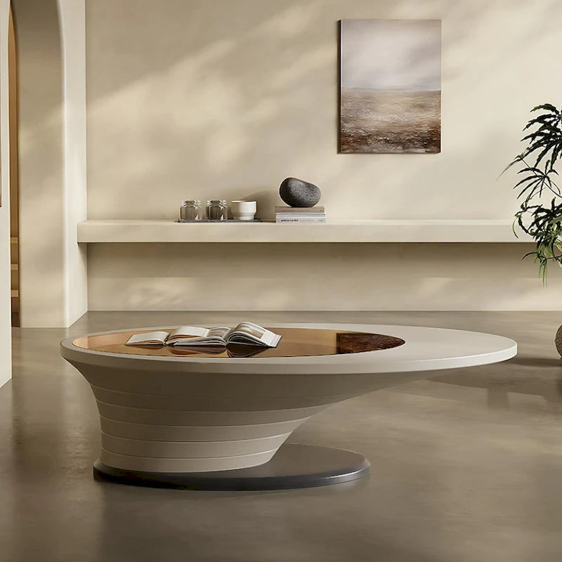 Modern Minimalist Oval Glass Coffee Table with Gray Sculptural Base