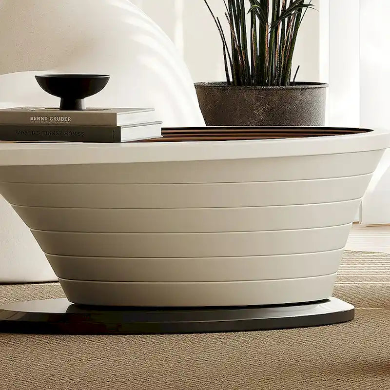 Modern Minimalist Oval Glass Coffee Table with Gray Sculptural Base