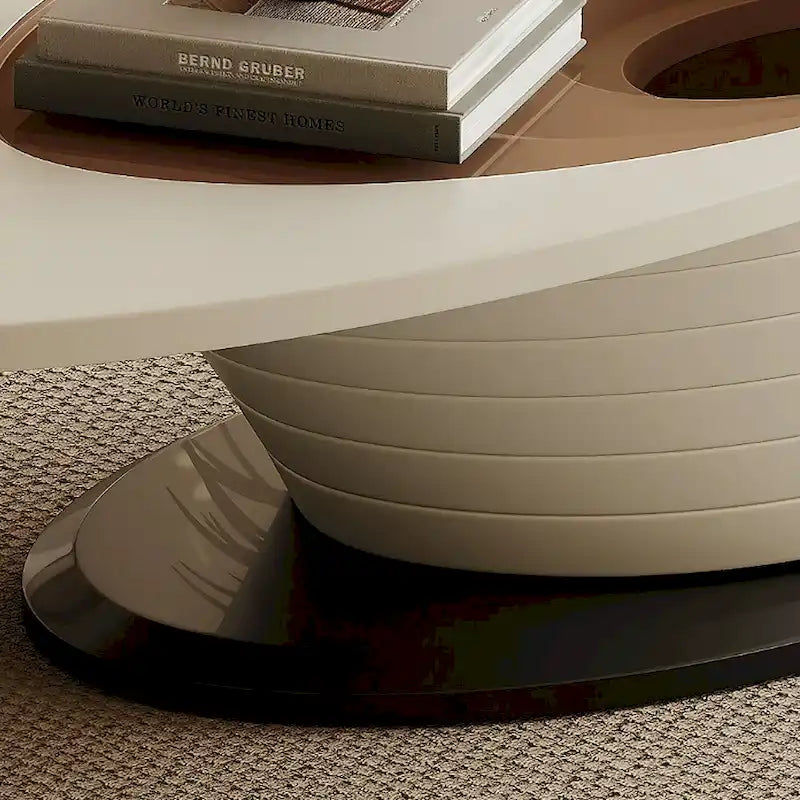 Modern Minimalist Oval Glass Coffee Table with Gray Sculptural Base